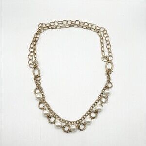 Premier Designs Gold Tone Double Circle Link Chain Necklace Faux Pearl Preppy